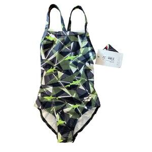 ARENA Girls  One Piece Swimsuit GRAY Green White Drop Back Size 22 (US 5) NWT
